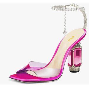 FSJ Fuchsia Clear Square Open Toe Sandals Crystal Chain Ankle Strap Pumps